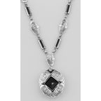 Back view of Unique Art Deco Black Onyx Filigree Necklace showing 925 sterling silver hallmark and spring ring clasp