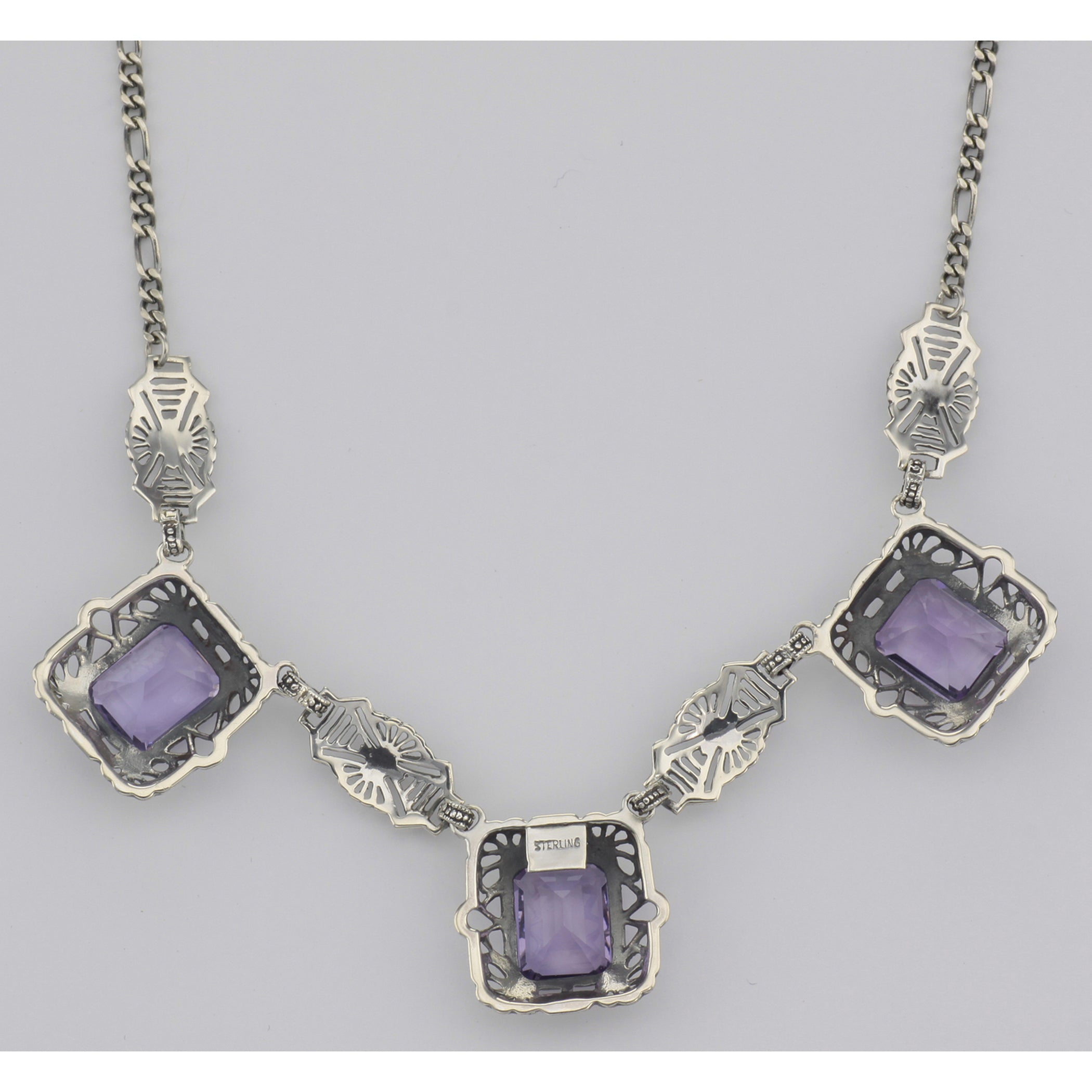 Back view of Art Deco Style 3 Gemstone Amethyst Filigree 17.5 Inch Necklace Sterling Silver showing 925 sterling silver hallm