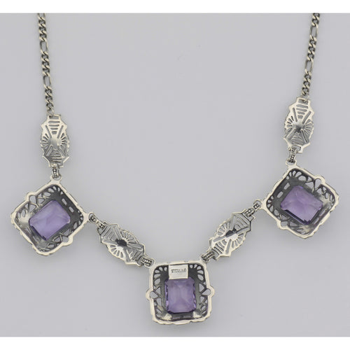 Back view of Art Deco Style 3 Gemstone Amethyst Filigree 17.5 Inch Necklace Sterling Silver showing 925 sterling silver hallm