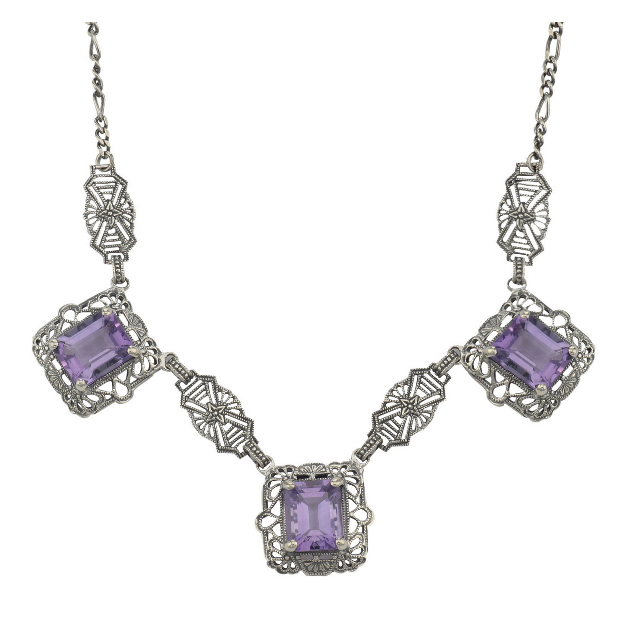 Art Deco style, Amethyst, sterling silver necklaces, front view