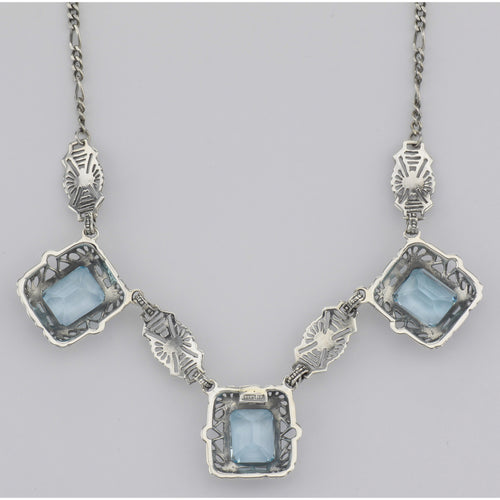 Back view of Art Deco Style 3 Gemstone Blue Topaz Filigree 17.5 Inch Necklace Sterling Silver showing 925 sterling silver hal