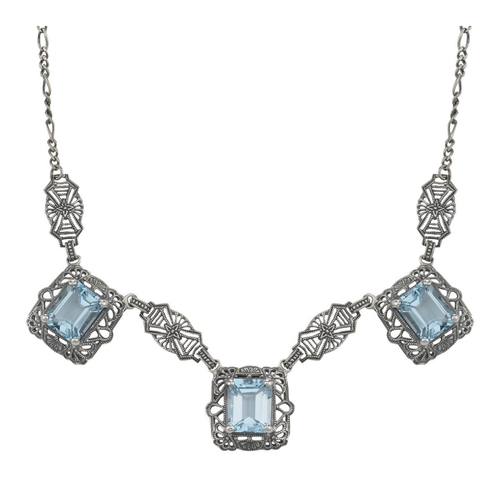 Art Deco style, Blue Topaz, sterling silver necklaces, front view