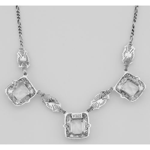 Back view of Art Deco Style 3 Gemstone White Topaz Filigree 17.5 In Necklace Sterling Silver showing 925 sterling silver hall
