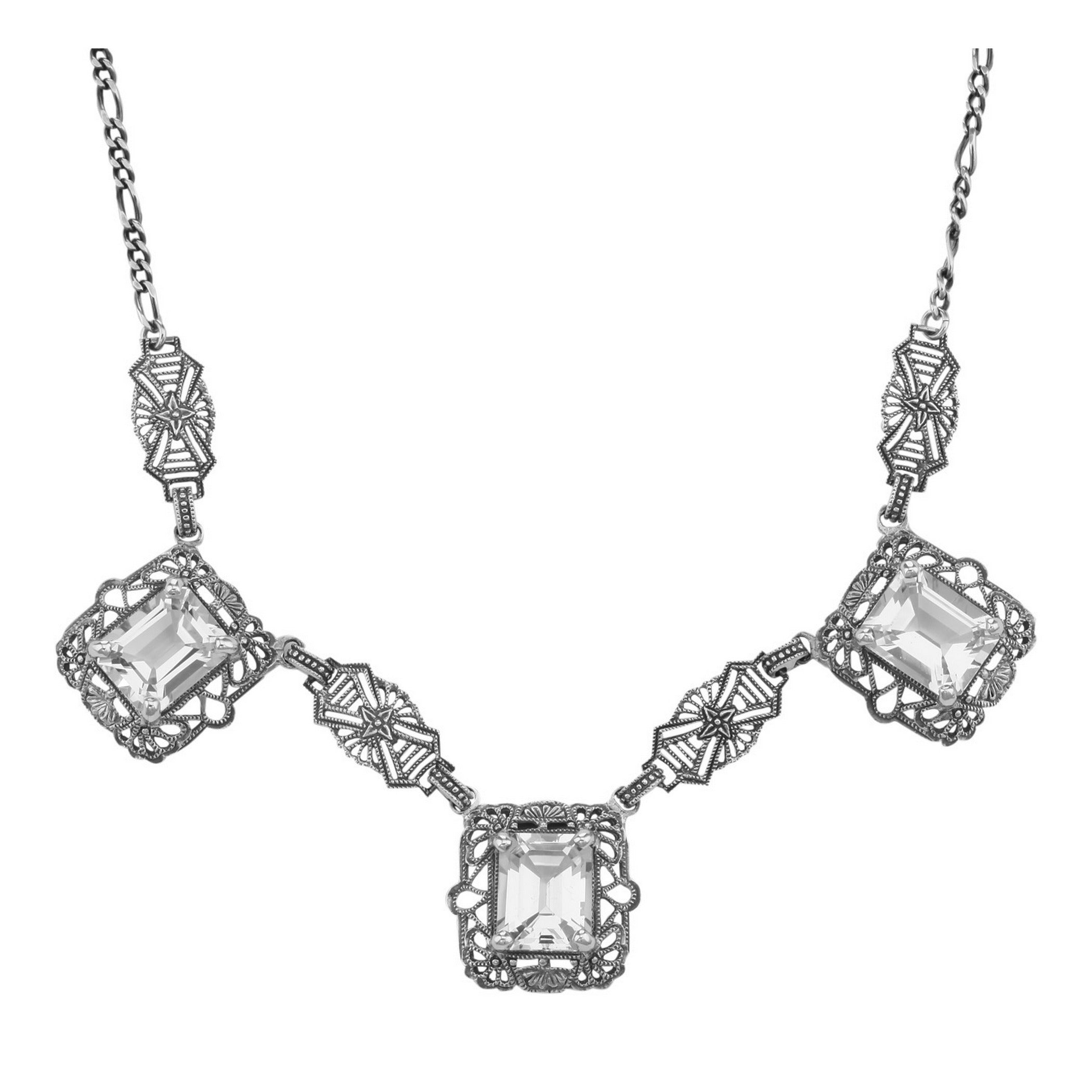 Art Deco style, White Topaz, sterling silver necklaces, front view