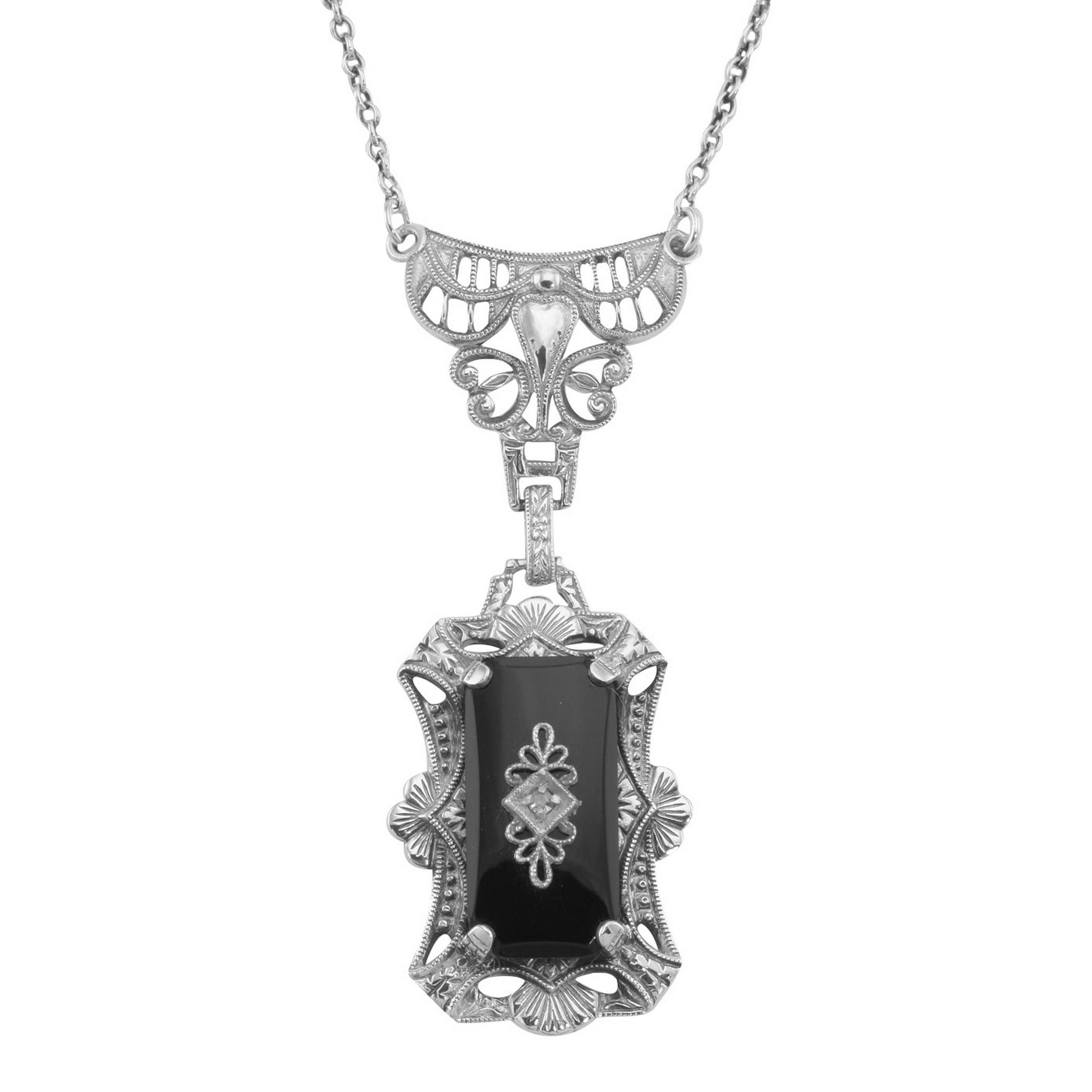 Victorian style, Diamond, Black Onyx, sterling silver necklaces, front view