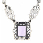 Detail view of Art Deco Style Genuine Amethyst with 18 Inch Filigree Necklace Sterling Silver highlighting Amethyst