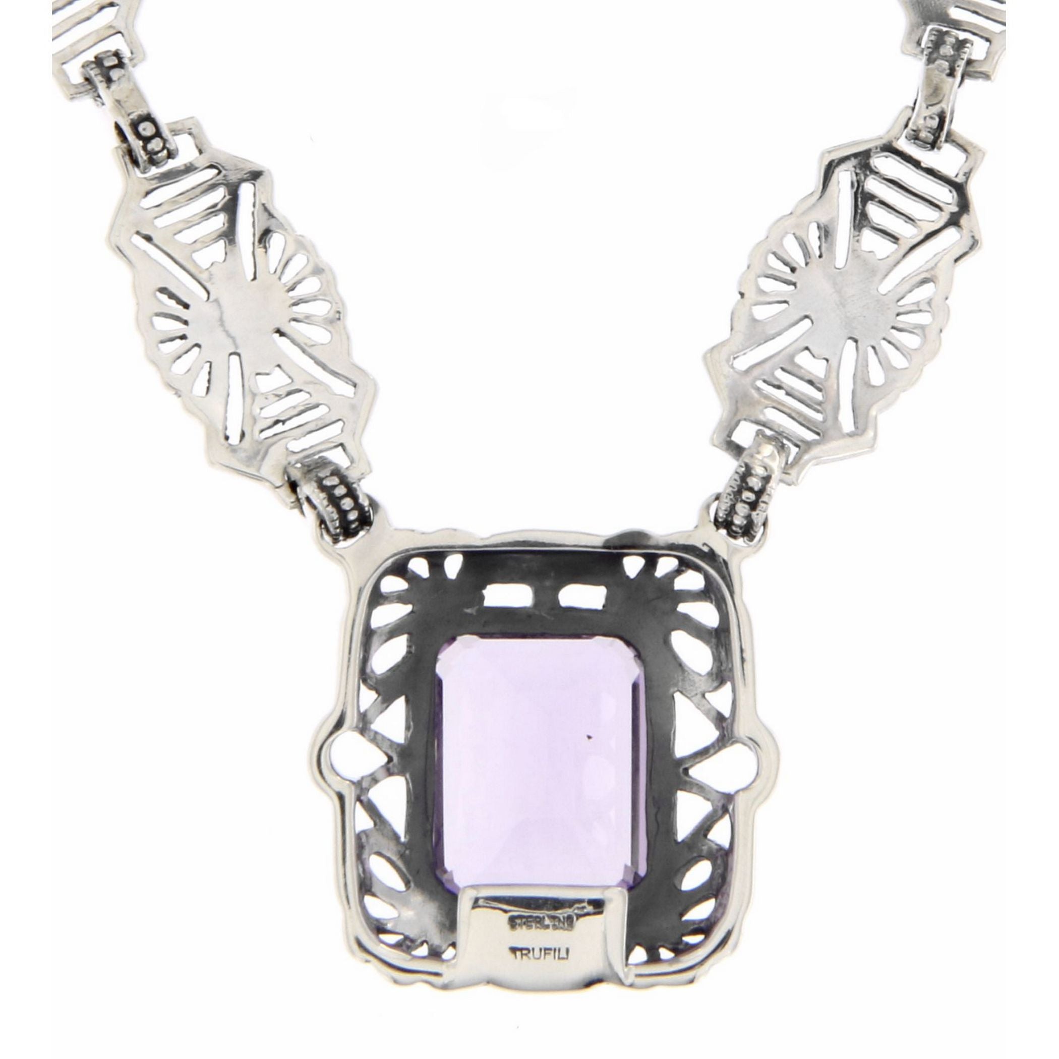 Detail view of Art Deco Style Genuine Amethyst with 18 Inch Filigree Necklace Sterling Silver highlighting Amethyst