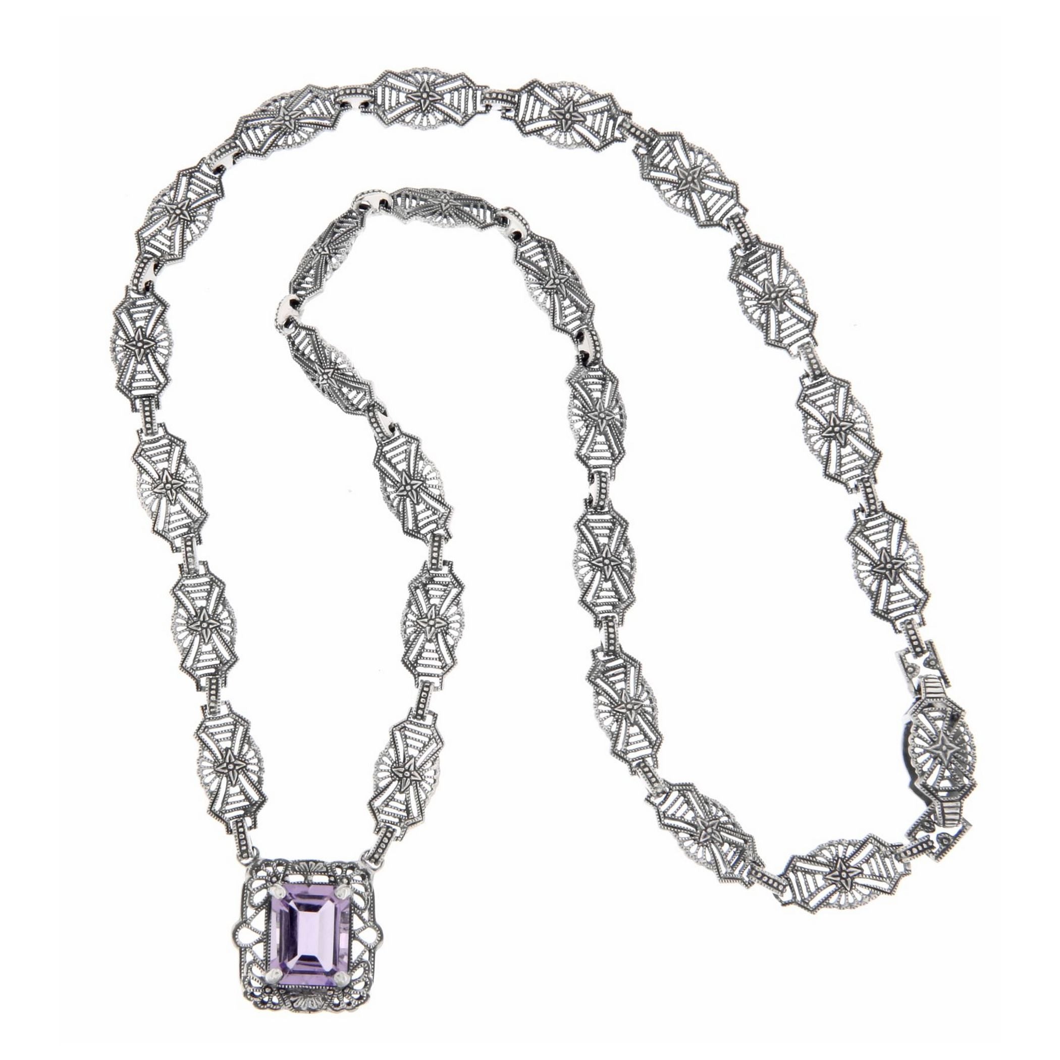 Back view of Art Deco Style Genuine Amethyst with 18 Inch Filigree Necklace Sterling Silver showing 925 sterling silver hallm