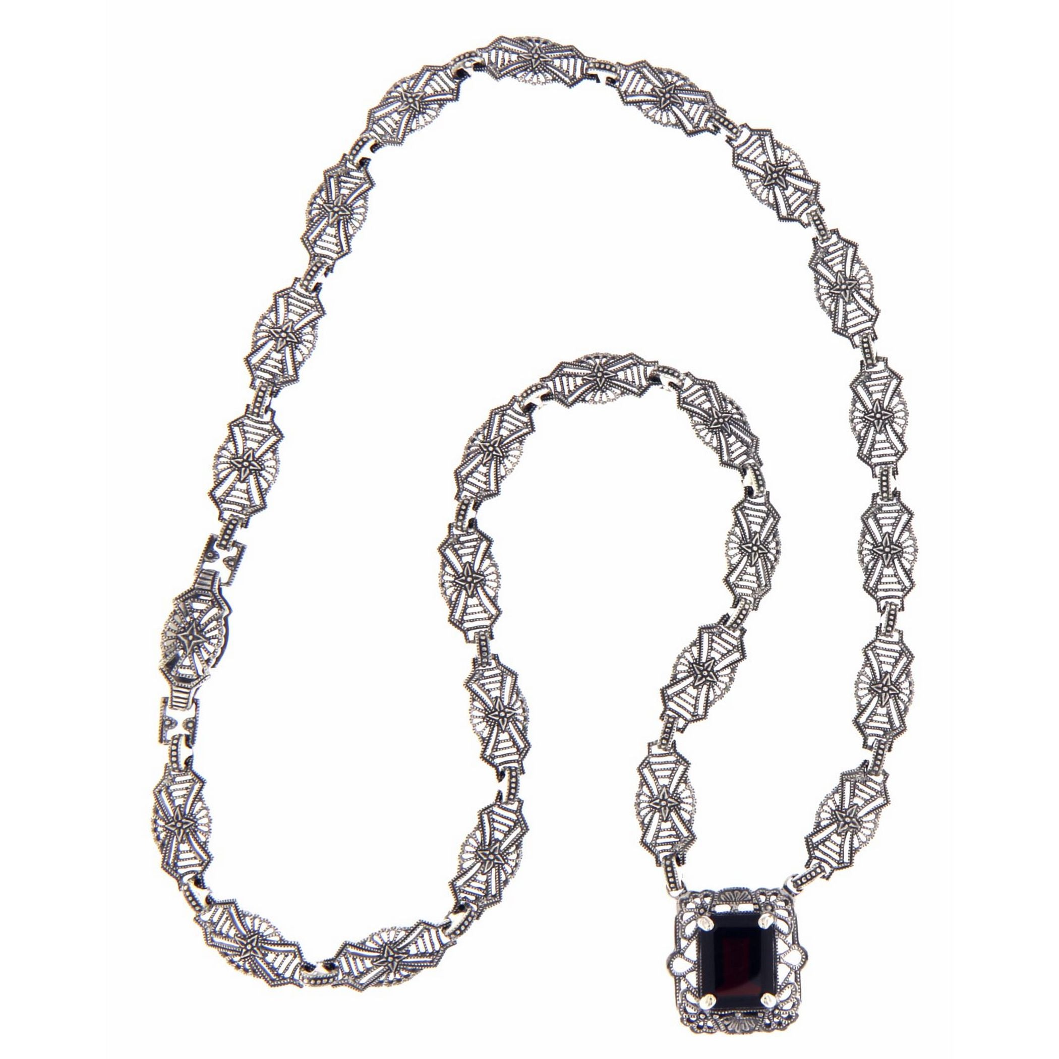Detail view of Art Deco Style Genuine Red Garnet with 18 Inch Filigree Necklace Sterling Silver highlighting Garnet