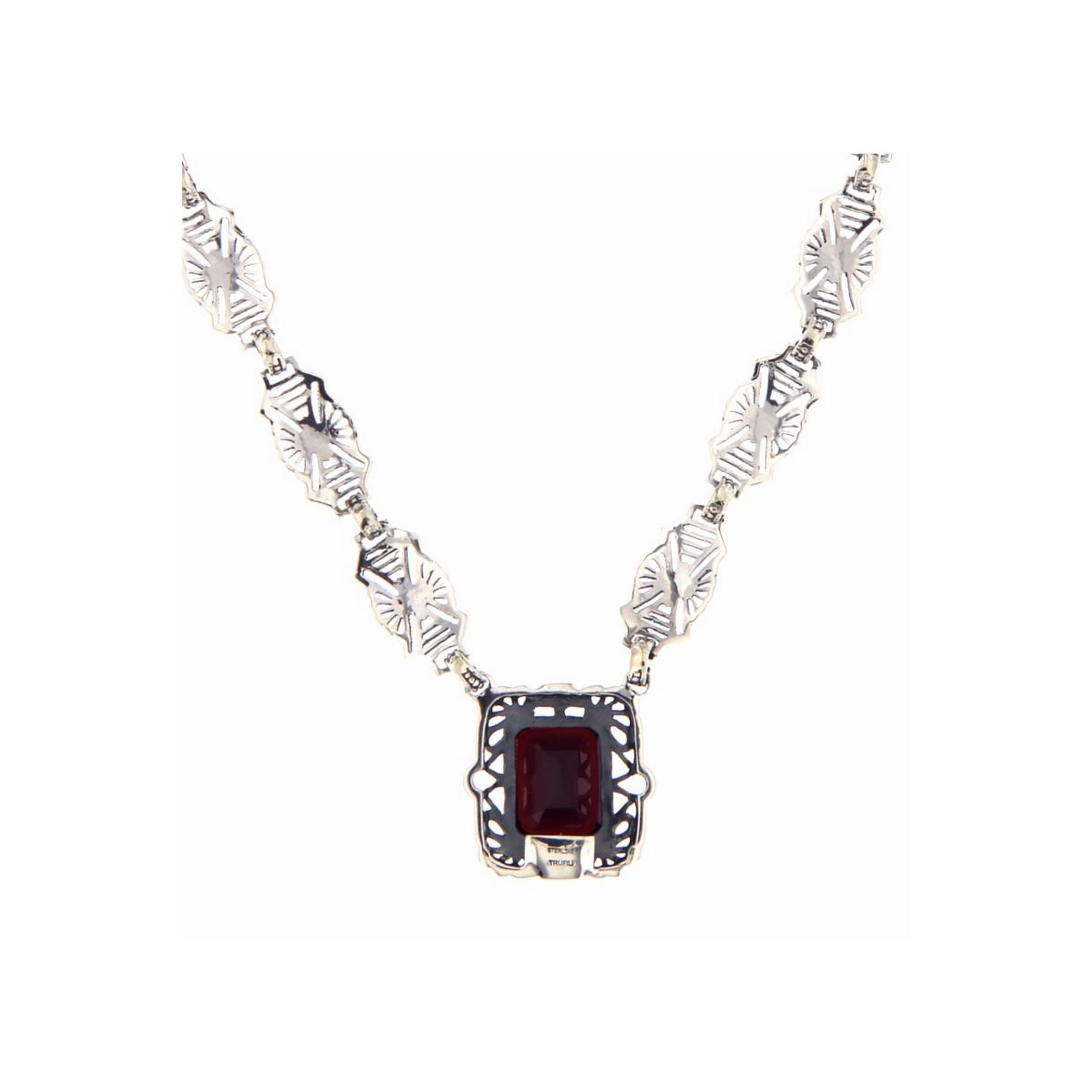 Back view of Art Deco Style Genuine Red Garnet with 18 Inch Filigree Necklace Sterling Silver showing 925 sterling silver hal