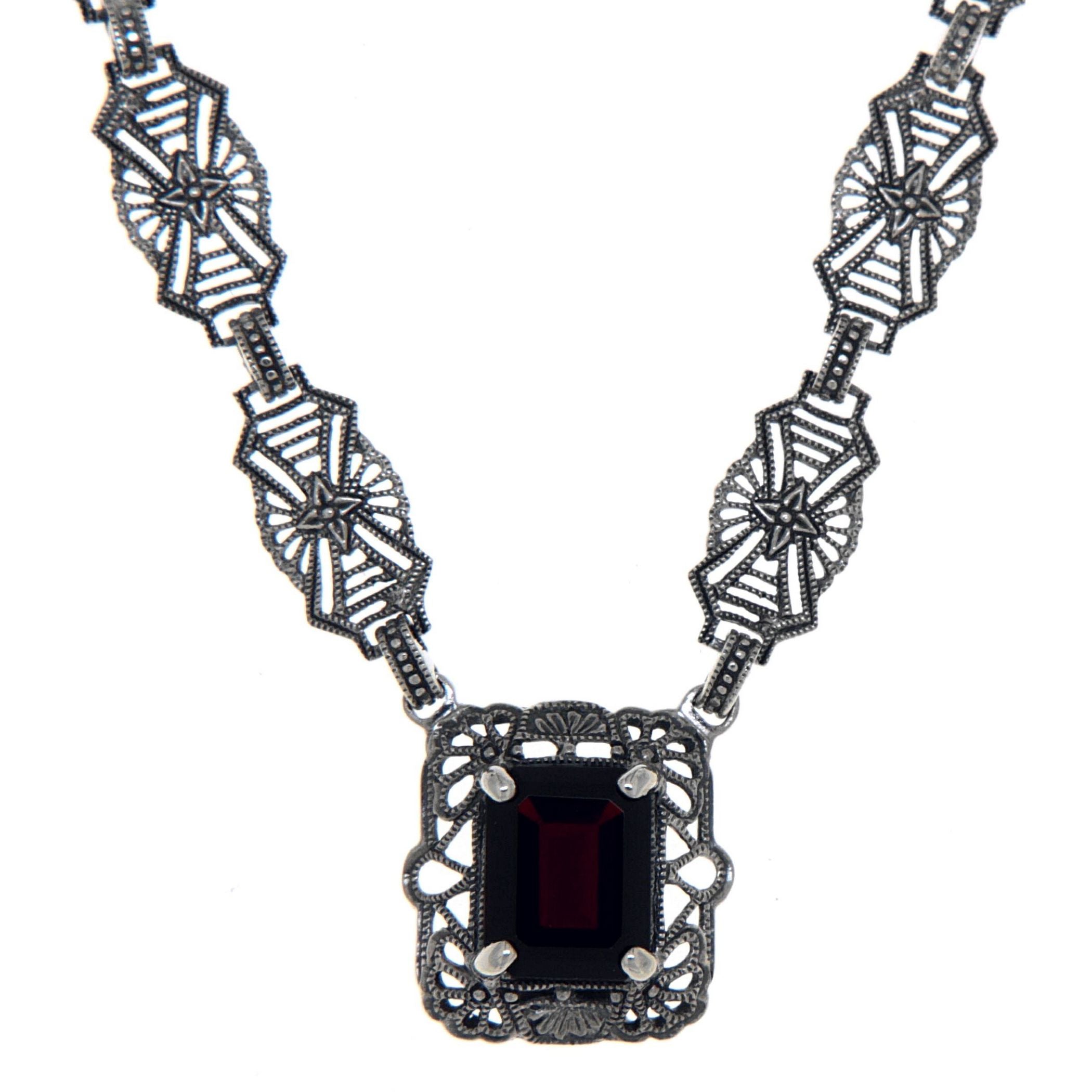 Art Deco style, Garnet, sterling silver necklaces, front view