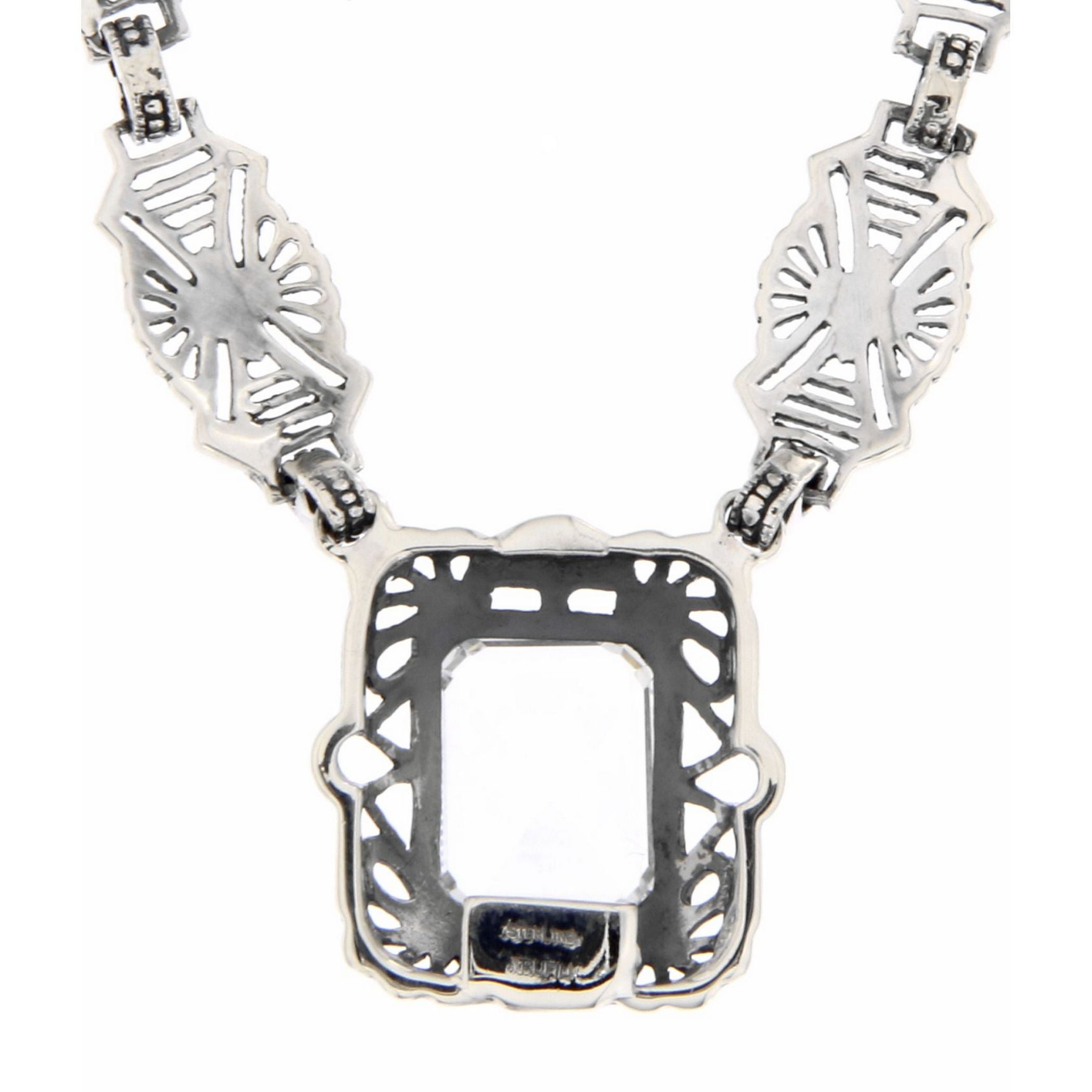 Detail view of Art Deco Style Genuine White Topaz w/ 18 Inch Filigree Necklace Sterling Silver highlighting White Topaz