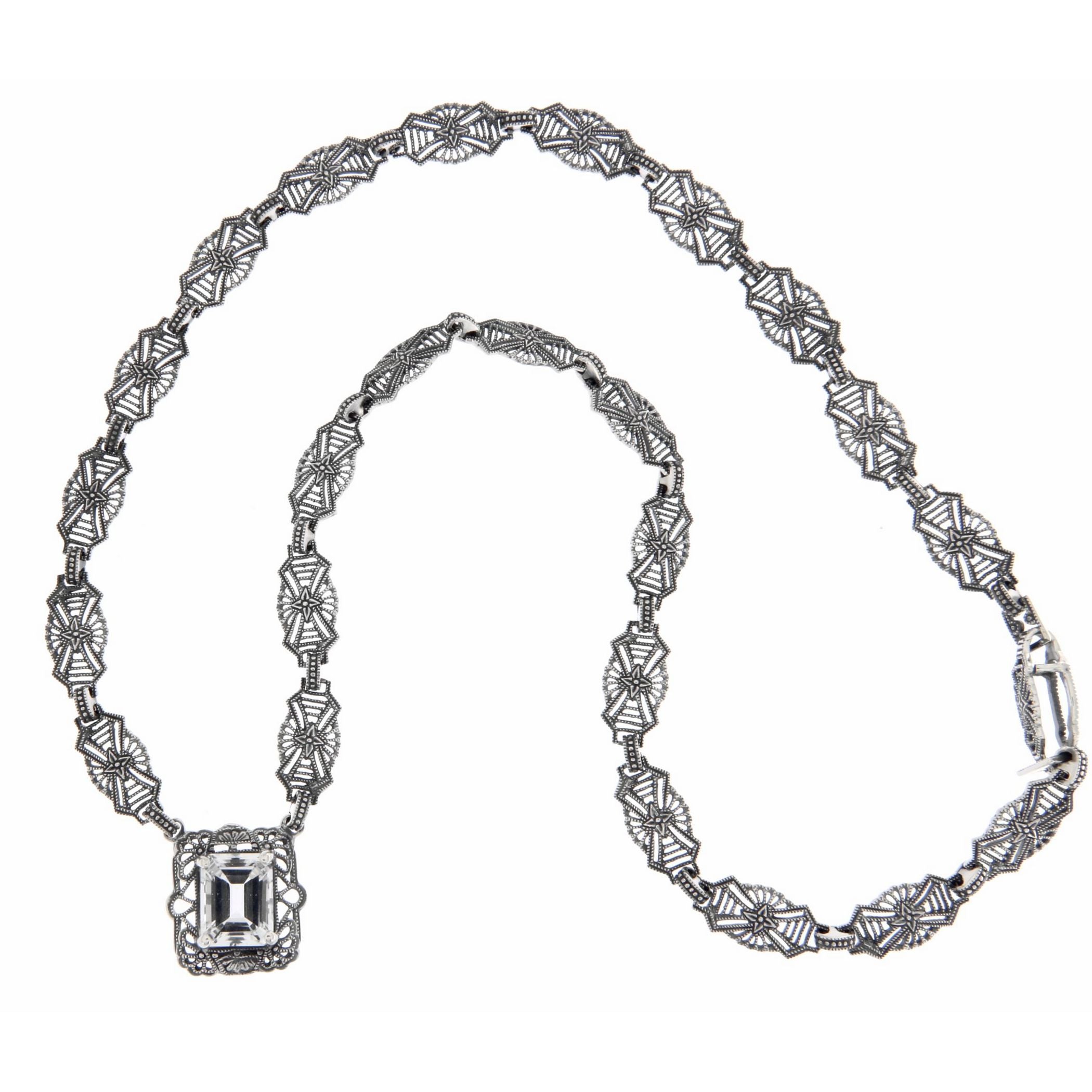 Back view of Art Deco Style Genuine White Topaz w/ 18 Inch Filigree Necklace Sterling Silver showing 925 sterling silver hall