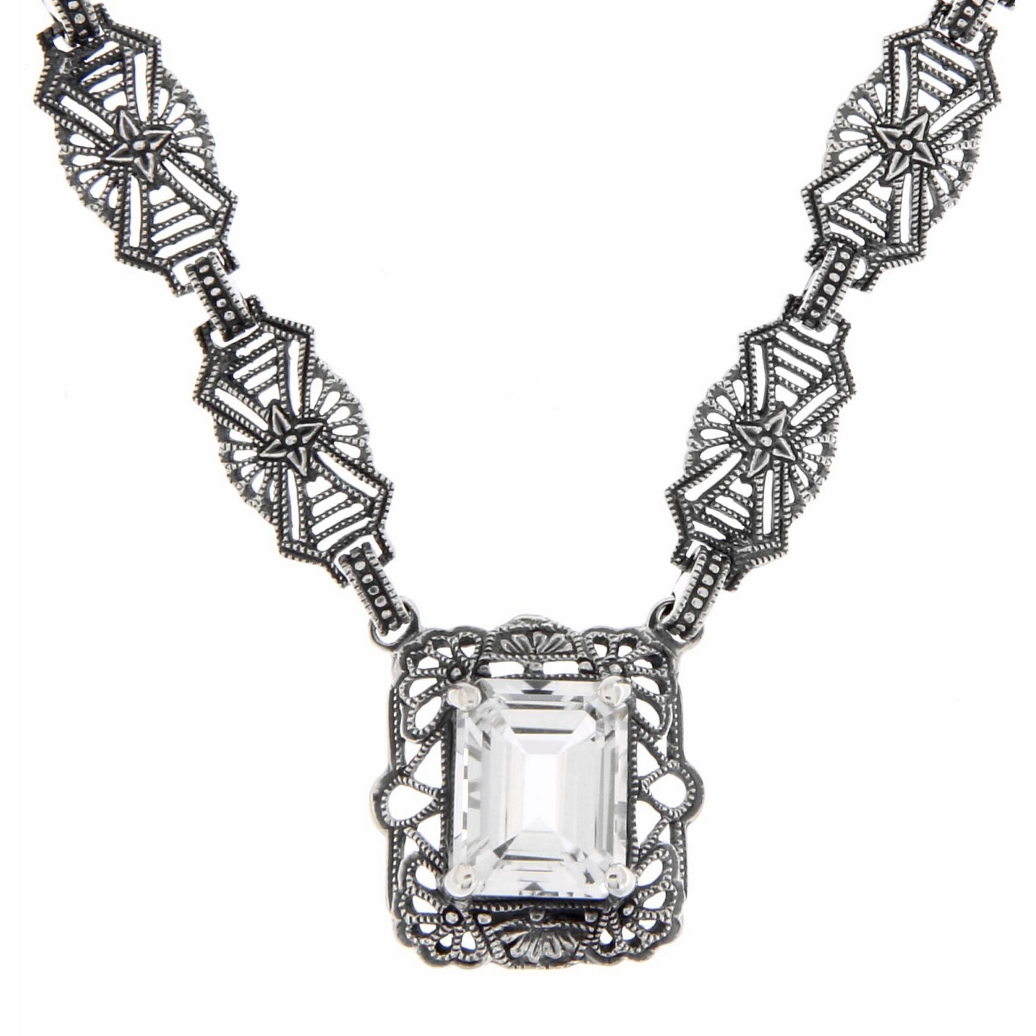 Art Deco style, White Topaz, sterling silver necklaces, front view