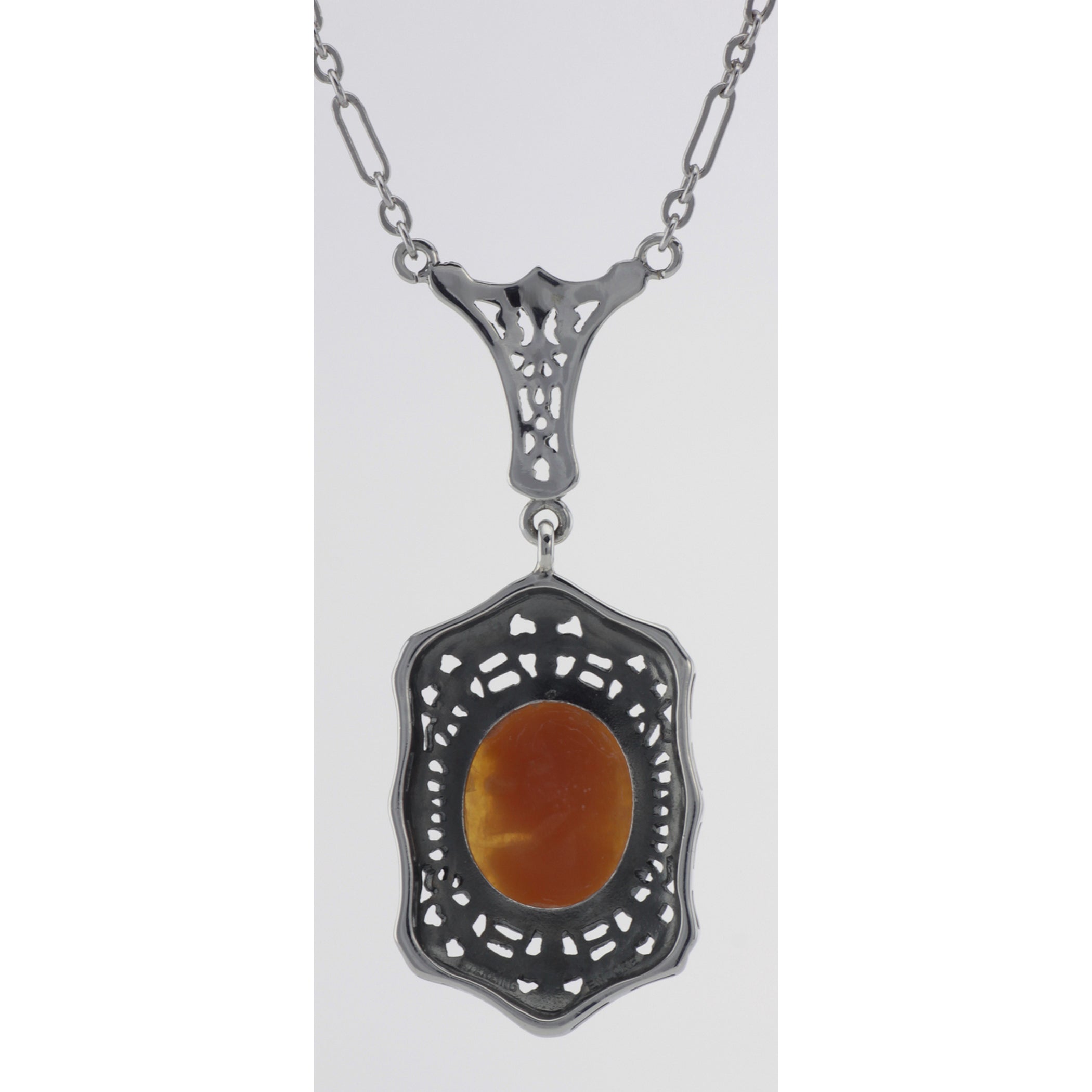 Back view of Hand Carved Italian Shell Cameo Filigree Necklace showing 925 sterling silver hallmark and spring ring clasp