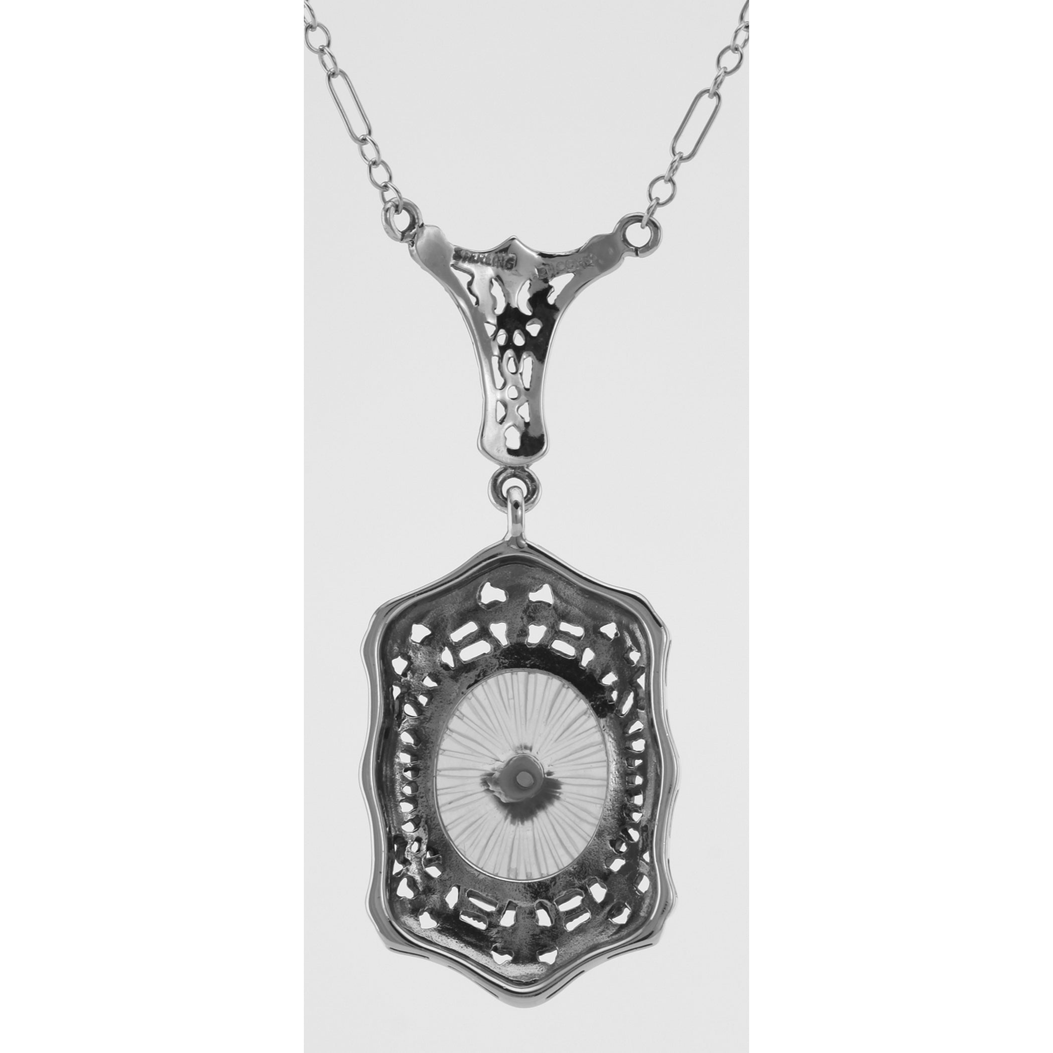 Back view of Art Deco Style Sunray Crystal Diamond Pendant and Chain showing 925 sterling silver hallmark and spring ring cla