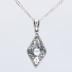 Back view of Victorian Style White Topaz Filigree Pendant with Chain showing 925 sterling silver hallmark and spring ring cla