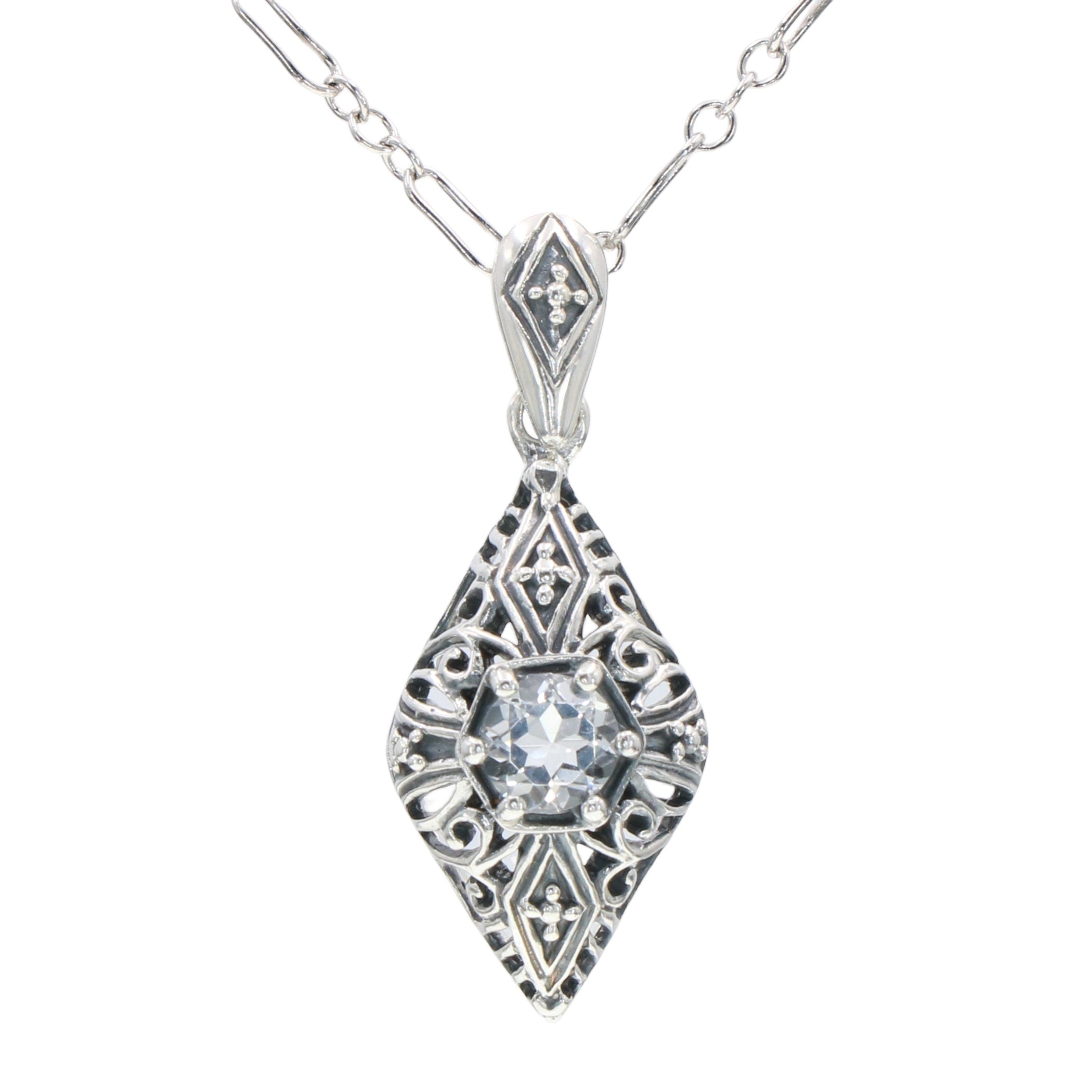 Victorian style, White Topaz, sterling silver pendants, front view