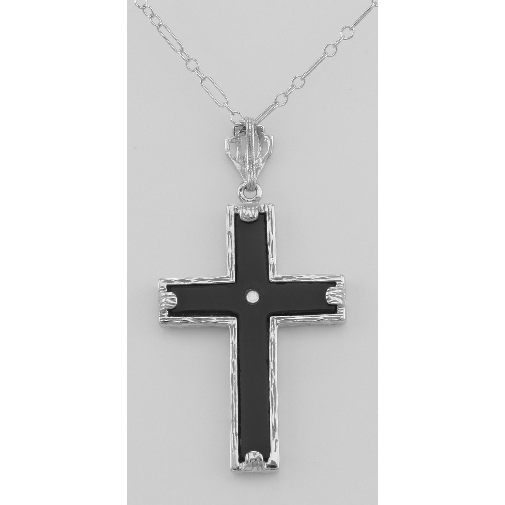 Back view of Beautiful Black Onyx Cross with Diamond Accent Center showing 925 sterling silver hallmark and spring ring clasp