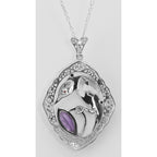 Back view of Filigree Enamel Bird Pendant w/ 3 Carat Amethyst showing 925 sterling silver hallmark and spring ring clasp