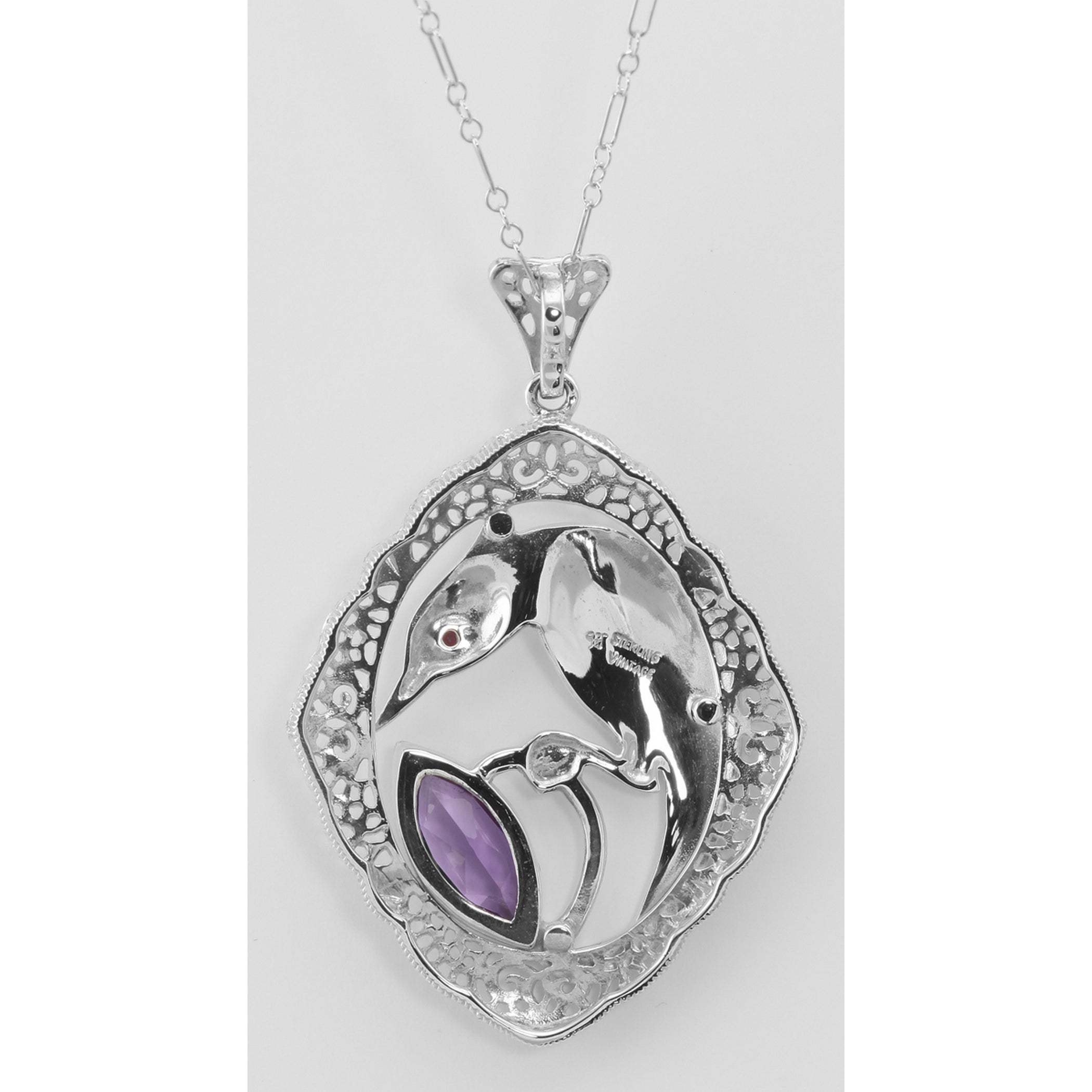 Back view of Filigree Enamel Bird Pendant w/ 3 Carat Amethyst showing 925 sterling silver hallmark and spring ring clasp