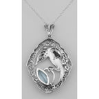 Back view of Filigree Enamel Bird Pendant w/ 3 Carat Blue Topaz showing 925 sterling silver hallmark and spring ring clasp
