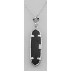 Back view of Art Deco Black Onyx Floral Filigree Pendant showing 925 sterling silver hallmark and spring ring clasp