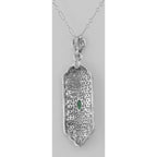 Back view of Art Deco Style Emerald Pendant - Sterling Silver with Chain showing 925 sterling silver hallmark and spring ring