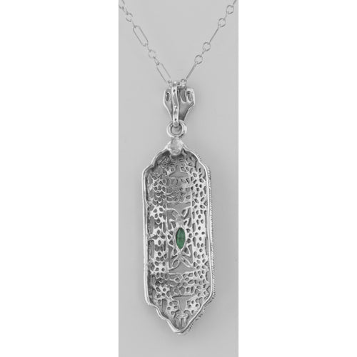 Back view of Art Deco Style Emerald Pendant - Sterling Silver with Chain showing 925 sterling silver hallmark and spring ring