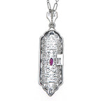 Back view of Art Deco Style Ruby Pendant - Sterling Silver with Chain showing 925 sterling silver hallmark and spring ring cl