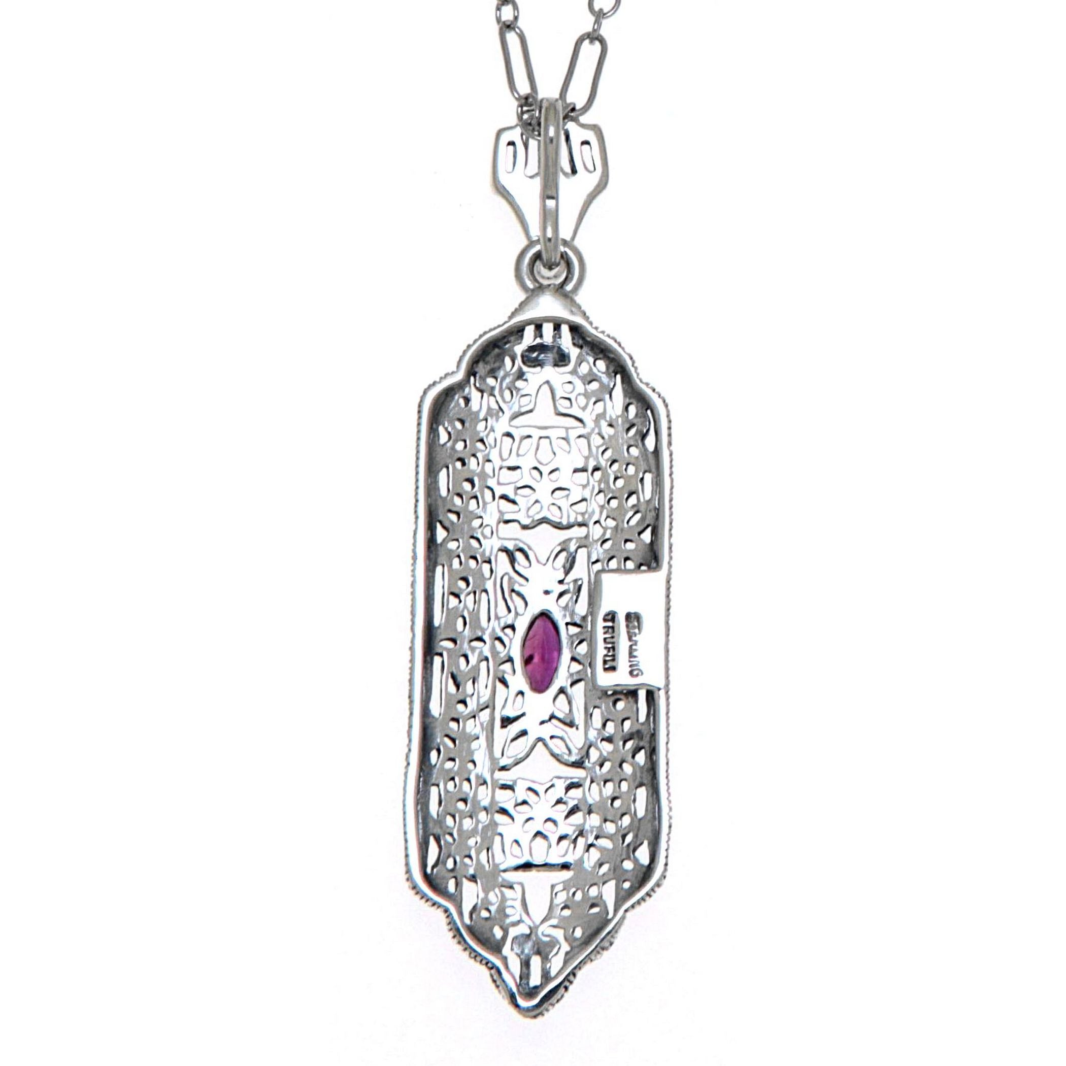 Back view of Art Deco Style Ruby Pendant - Sterling Silver with Chain showing 925 sterling silver hallmark and spring ring cl