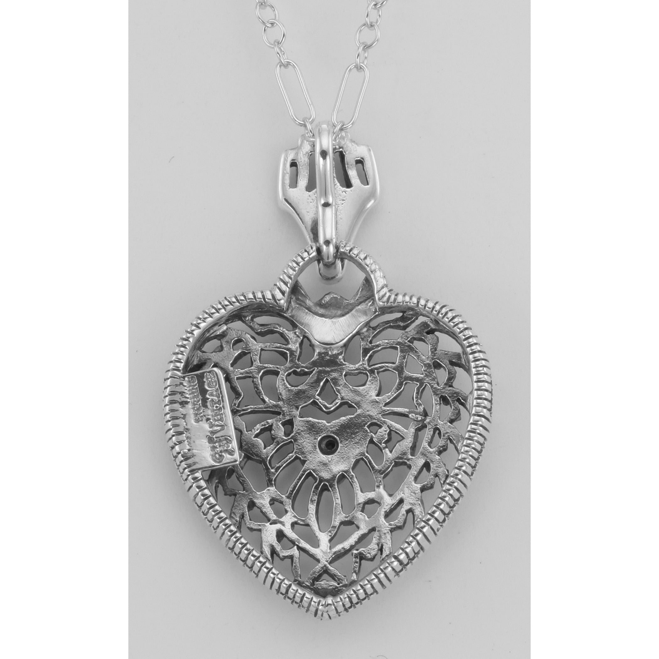 Back view of Classic Filigree Heart Pendant w/ Diamond and Chain showing 925 sterling silver hallmark and spring ring clasp