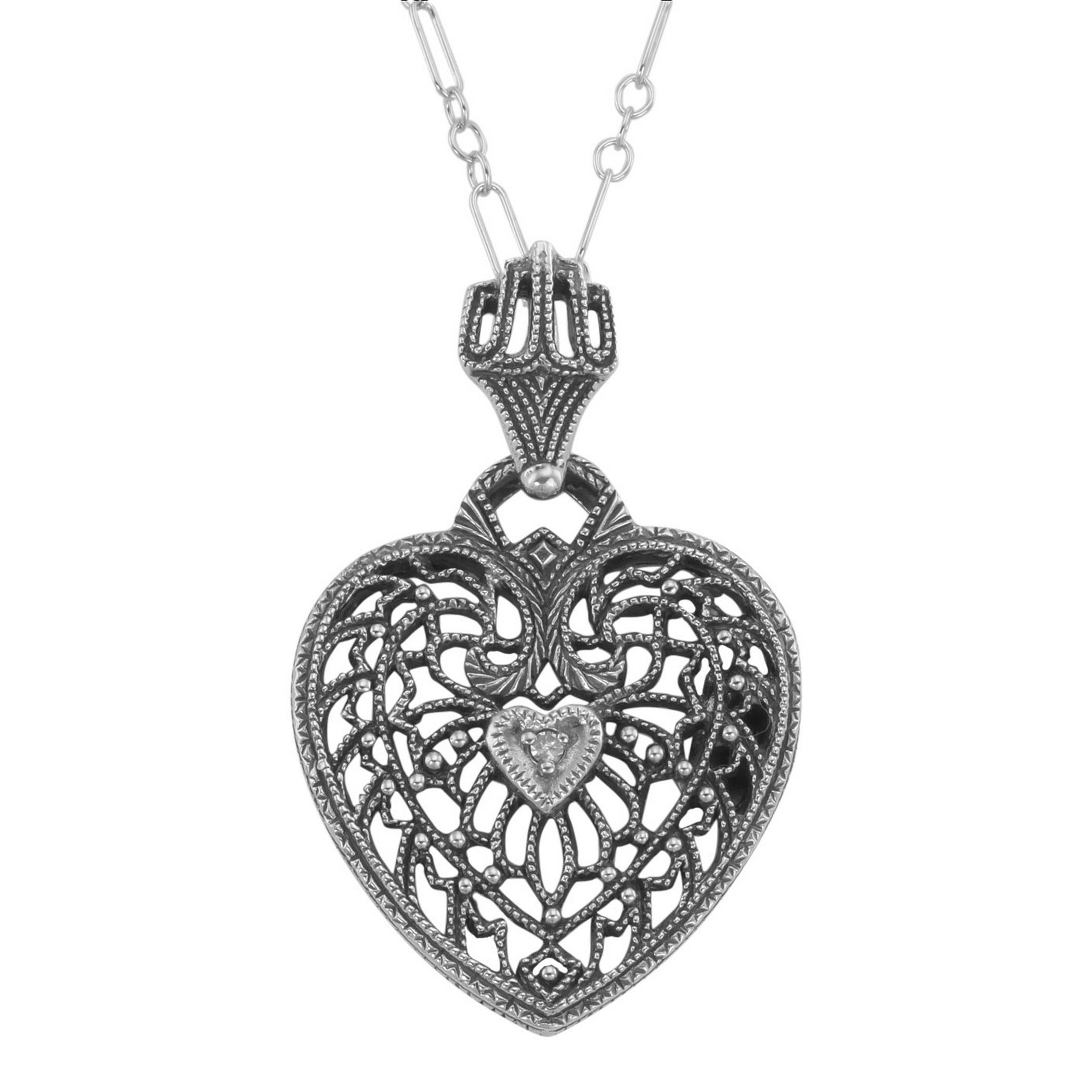 Filigree, Diamond, sterling silver pendants, front view