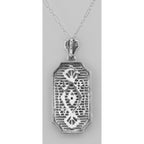 Back view of Art Deco Style Diamond Pendant with Chain showing 925 sterling silver hallmark and spring ring clasp