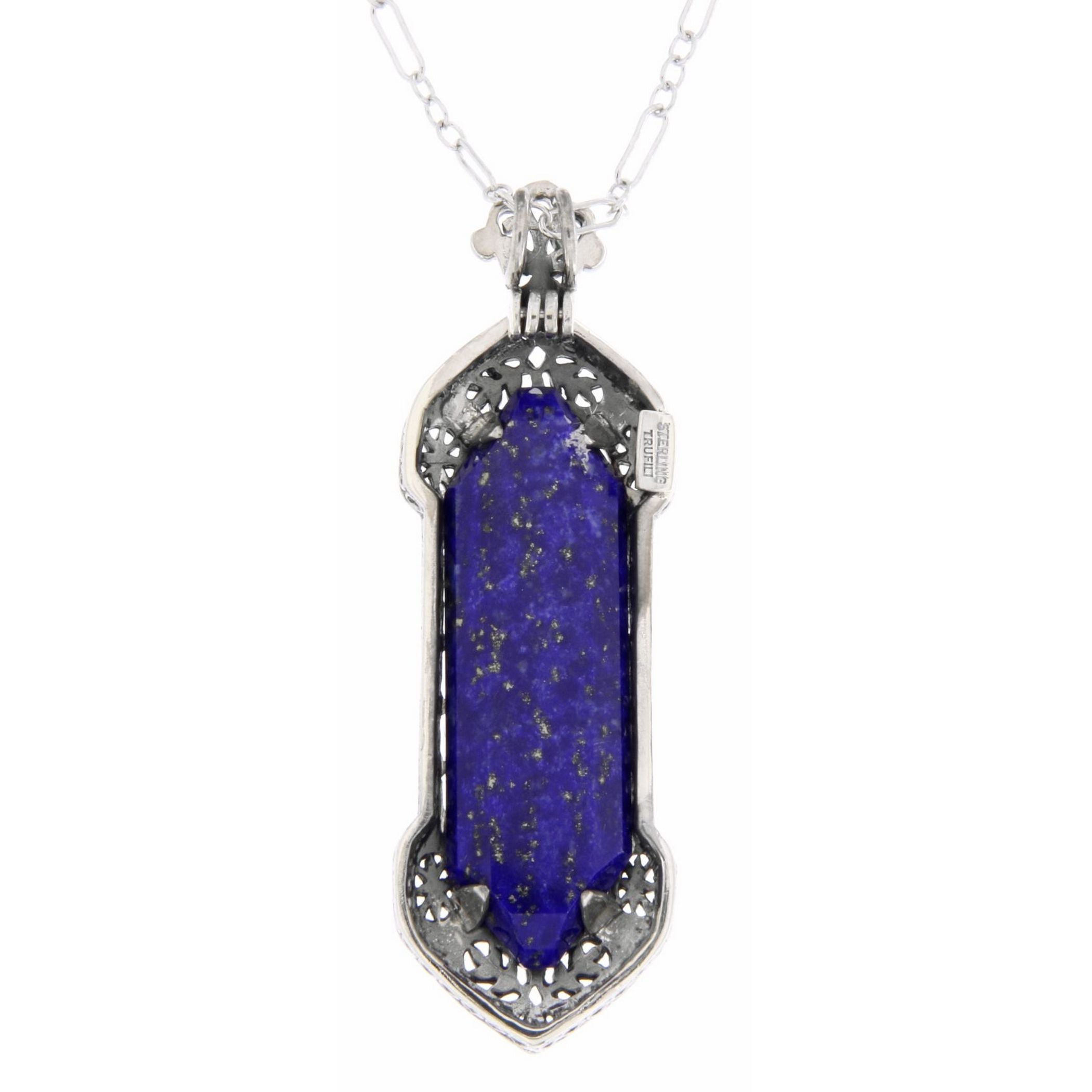Back view of Art Deco Style Lapis Lazuli Filigree Pendant showing 925 sterling silver hallmark and spring ring clasp