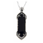 Back view of Art Deco Black Onyx Filigree Pendant showing 925 sterling silver hallmark and spring ring clasp