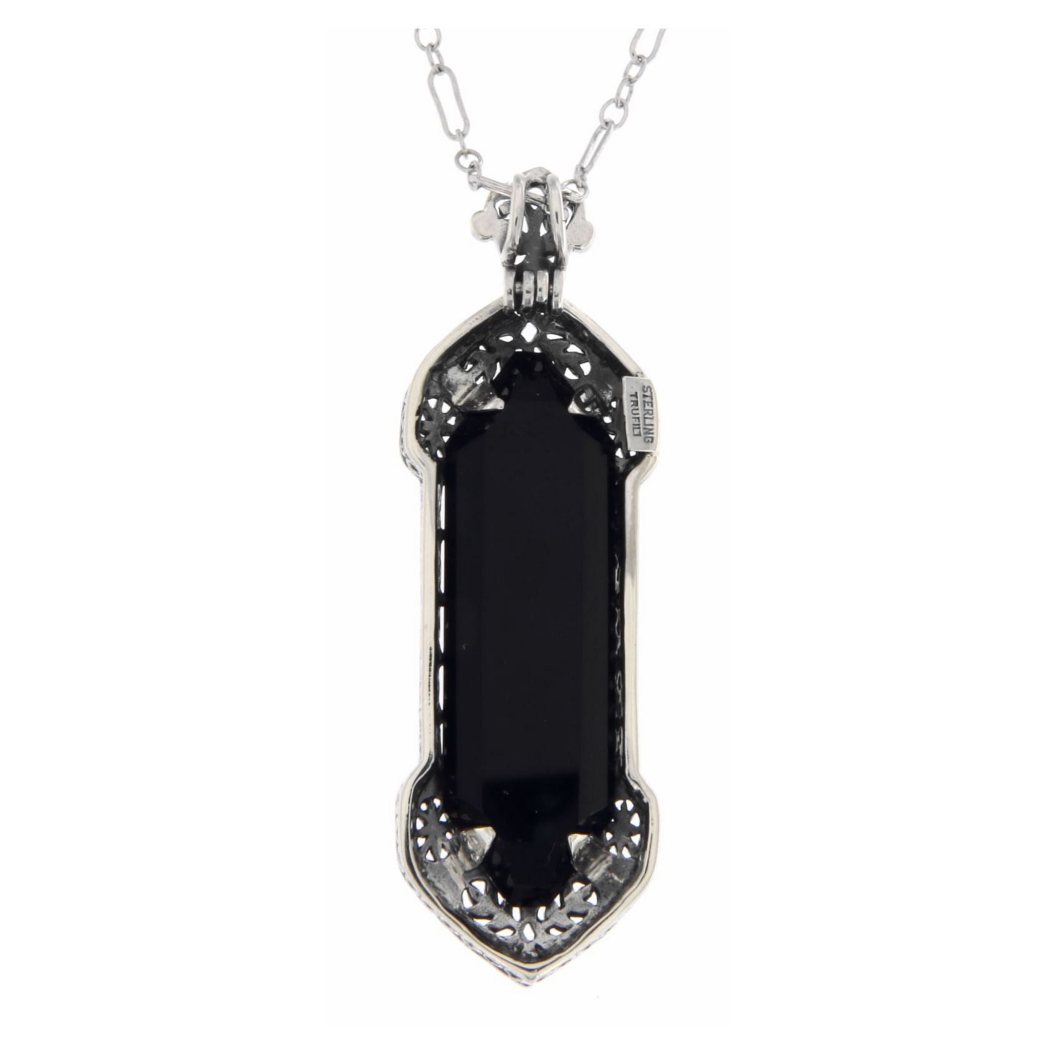 Back view of Art Deco Black Onyx Filigree Pendant showing 925 sterling silver hallmark and spring ring clasp