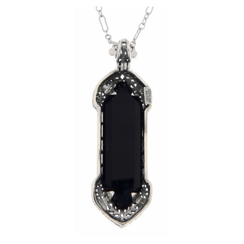 Back view of Art Deco Black Onyx Filigree Pendant showing 925 sterling silver hallmark and spring ring clasp