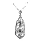Art Deco style, Sapphire, Diamond, sterling silver pendants, front view