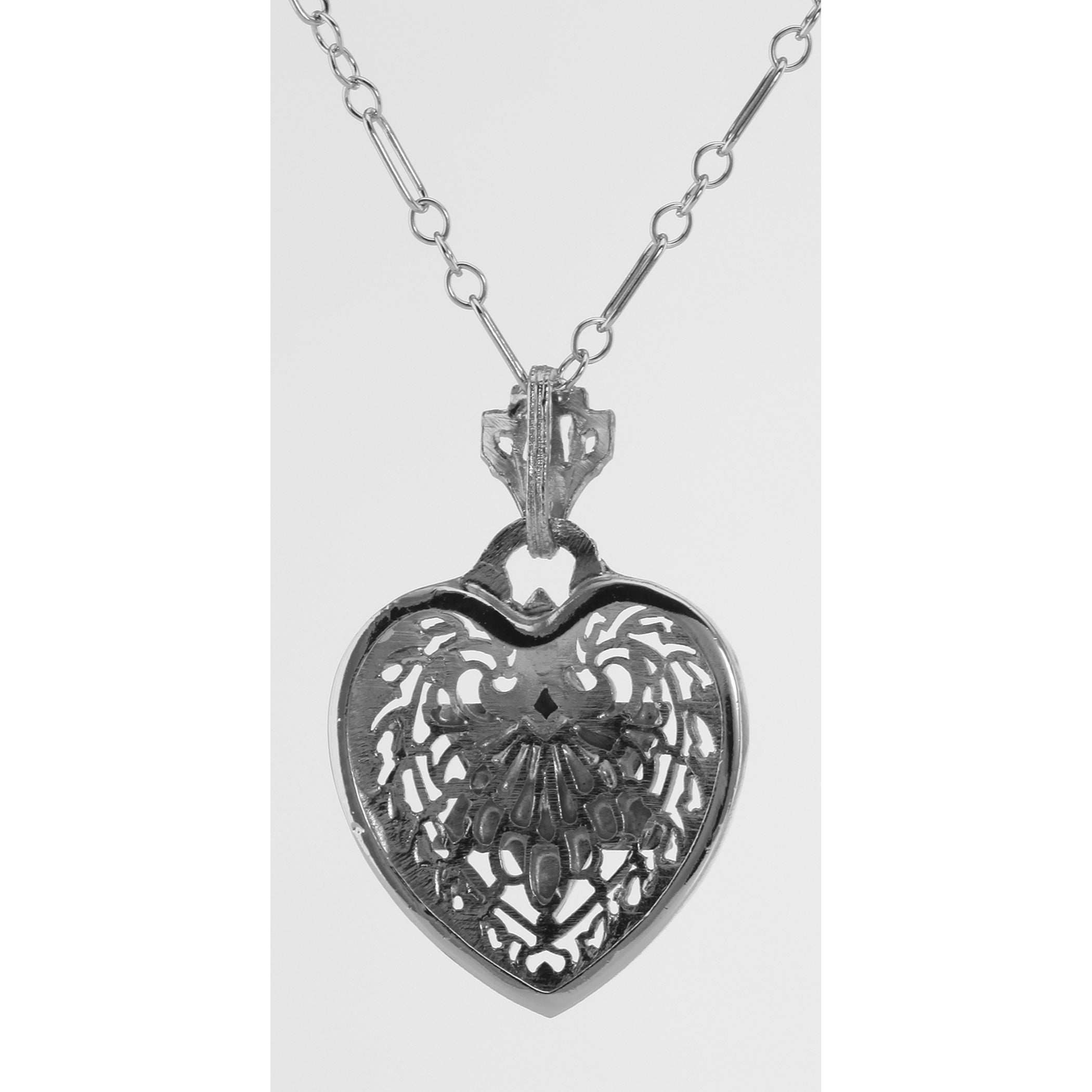 Back view of Filigree Heart Pendant w/ Star of David with Chain showing 925 sterling silver hallmark and spring ring clasp