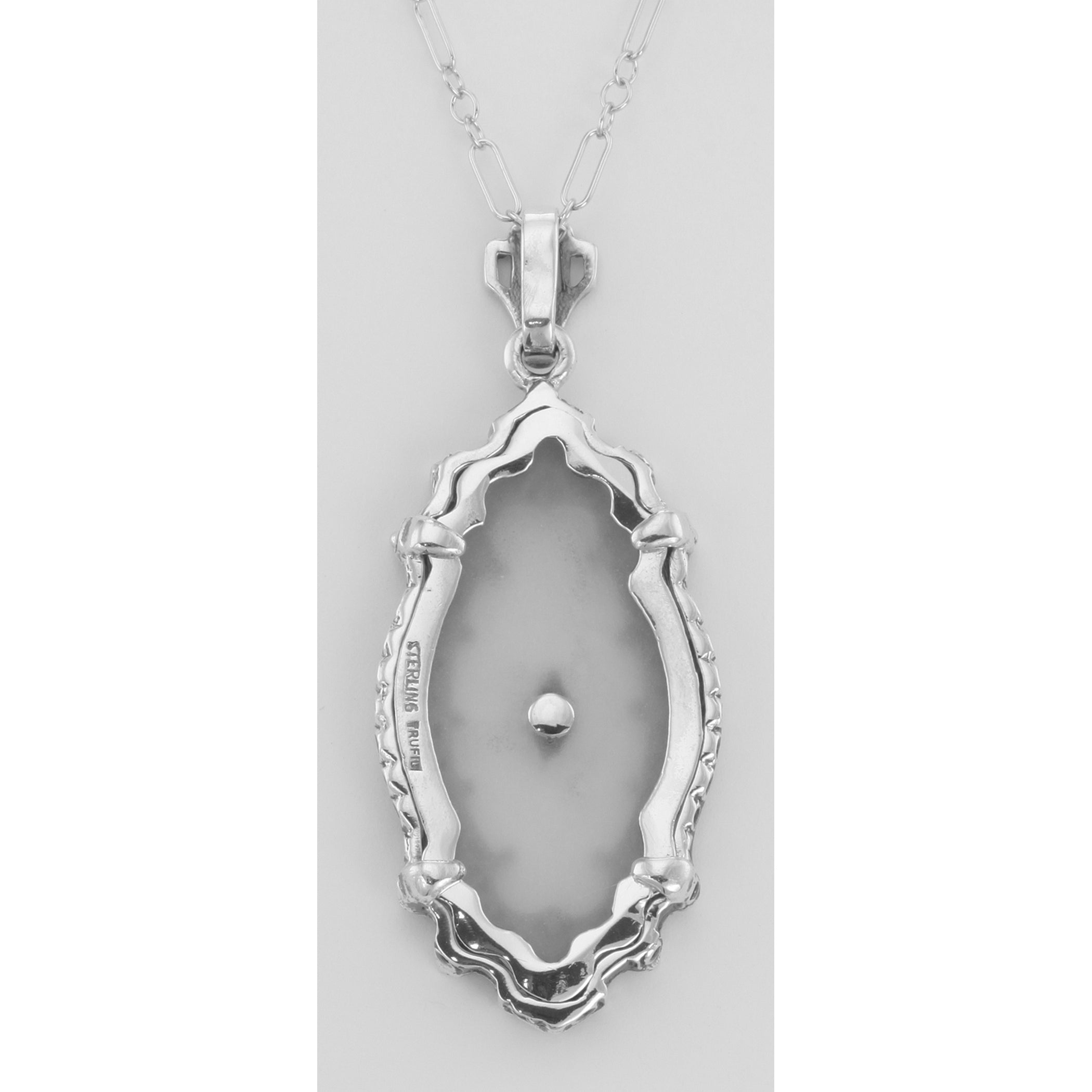 Back view of Victorian Style Camphor Glass Crystal Filigree Diamond Pendant Sterling Silver showing 925 sterling silver hallm