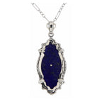 Back view of Victorian Style Lapis Lazuli Filigree Diamond Pendant with Chain Sterling Silver showing 925 sterling silver hal
