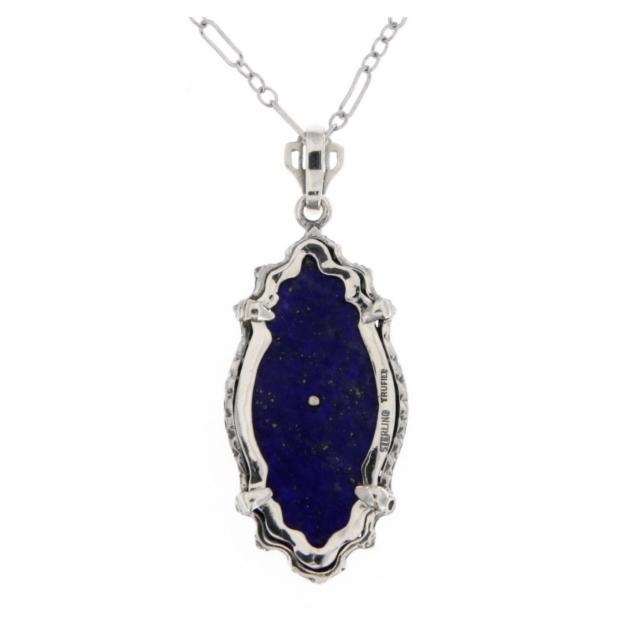 Back view of Victorian Style Lapis Lazuli Filigree Diamond Pendant with Chain Sterling Silver showing 925 sterling silver hal