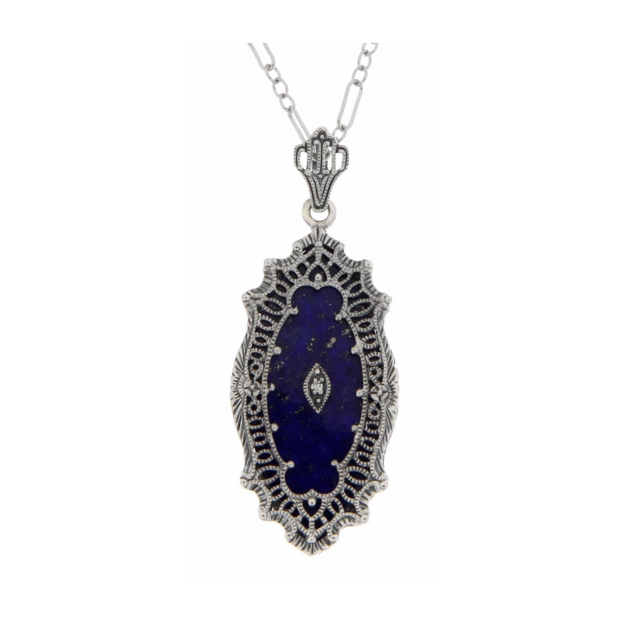 Victorian style, Diamond, Lapis, sterling silver pendants, front view