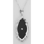 Back view of Victorian Style Black Onyx Filigree Diamond Pendant with Chain Sterling Silver showing 925 sterling silver hallm