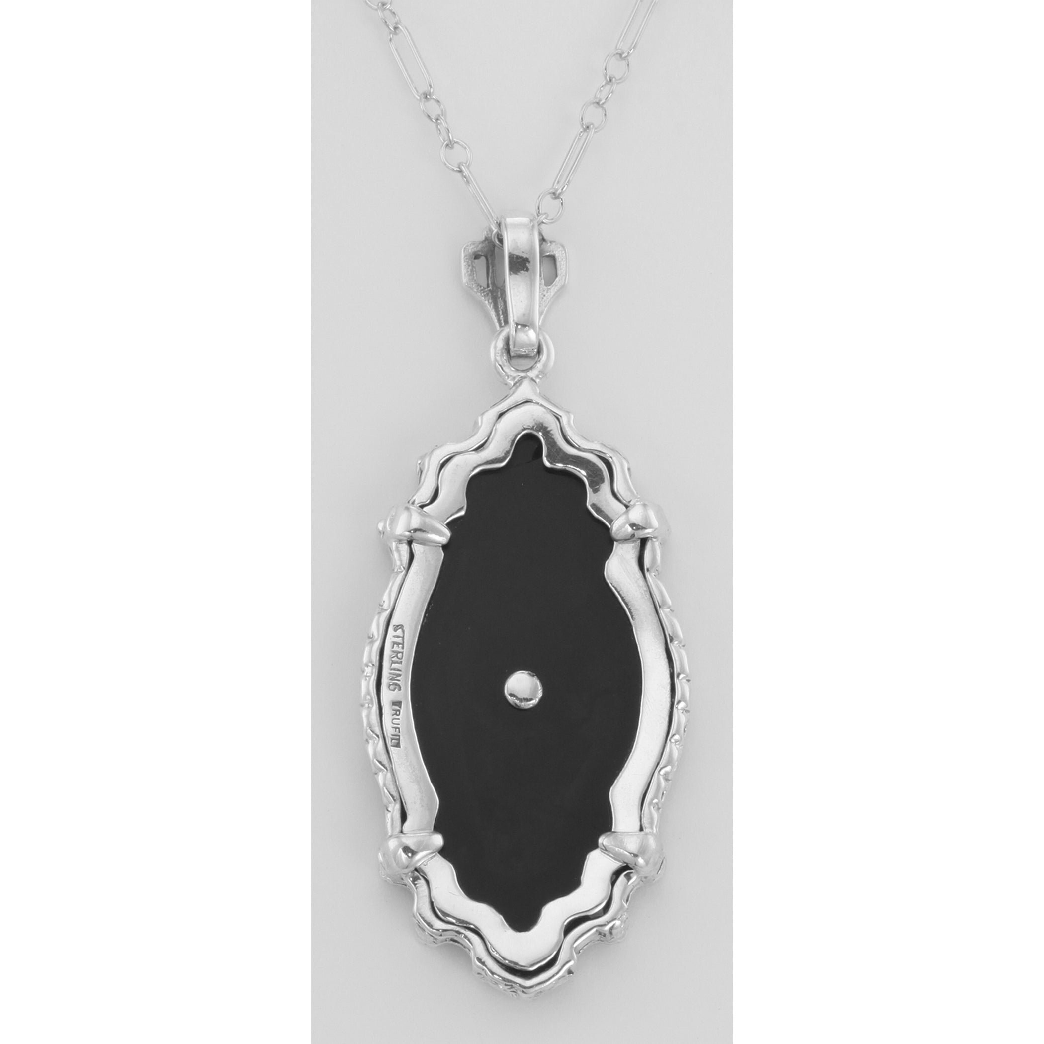 Back view of Victorian Style Black Onyx Filigree Diamond Pendant with Chain Sterling Silver showing 925 sterling silver hallm