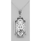 Back view of Art Deco Style Filigree Pendant with Diamond showing 925 sterling silver hallmark and spring ring clasp