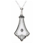 Back view of Frosted White Crystal Filigree Diamond Pendant Art Deco Style showing 925 sterling silver hallmark and spring ri
