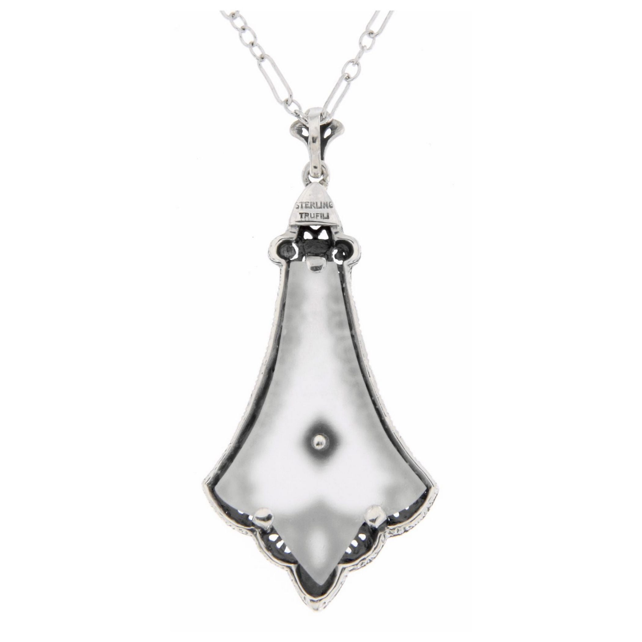 Back view of Frosted White Crystal Filigree Diamond Pendant Art Deco Style showing 925 sterling silver hallmark and spring ri