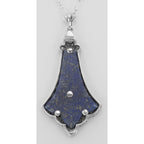 Back view of Victorian Blue Lapis Filigree Diamond Pendant showing 925 sterling silver hallmark and spring ring clasp